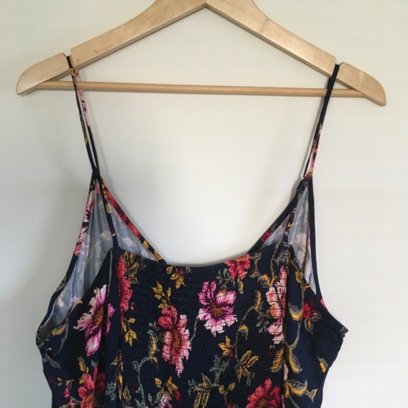 Old Navy Navy Blue Floral Satin Smocked Midi Slip Dress Sz XXL Floral Side Slit - Picture 6 of 15